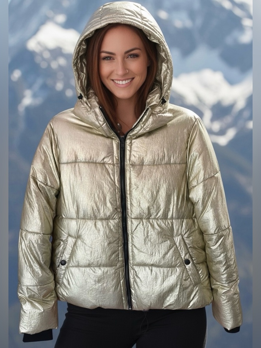 #014 American Eagle Outfitters Gold Metallic Hooded Puffer Jacket Size Medium